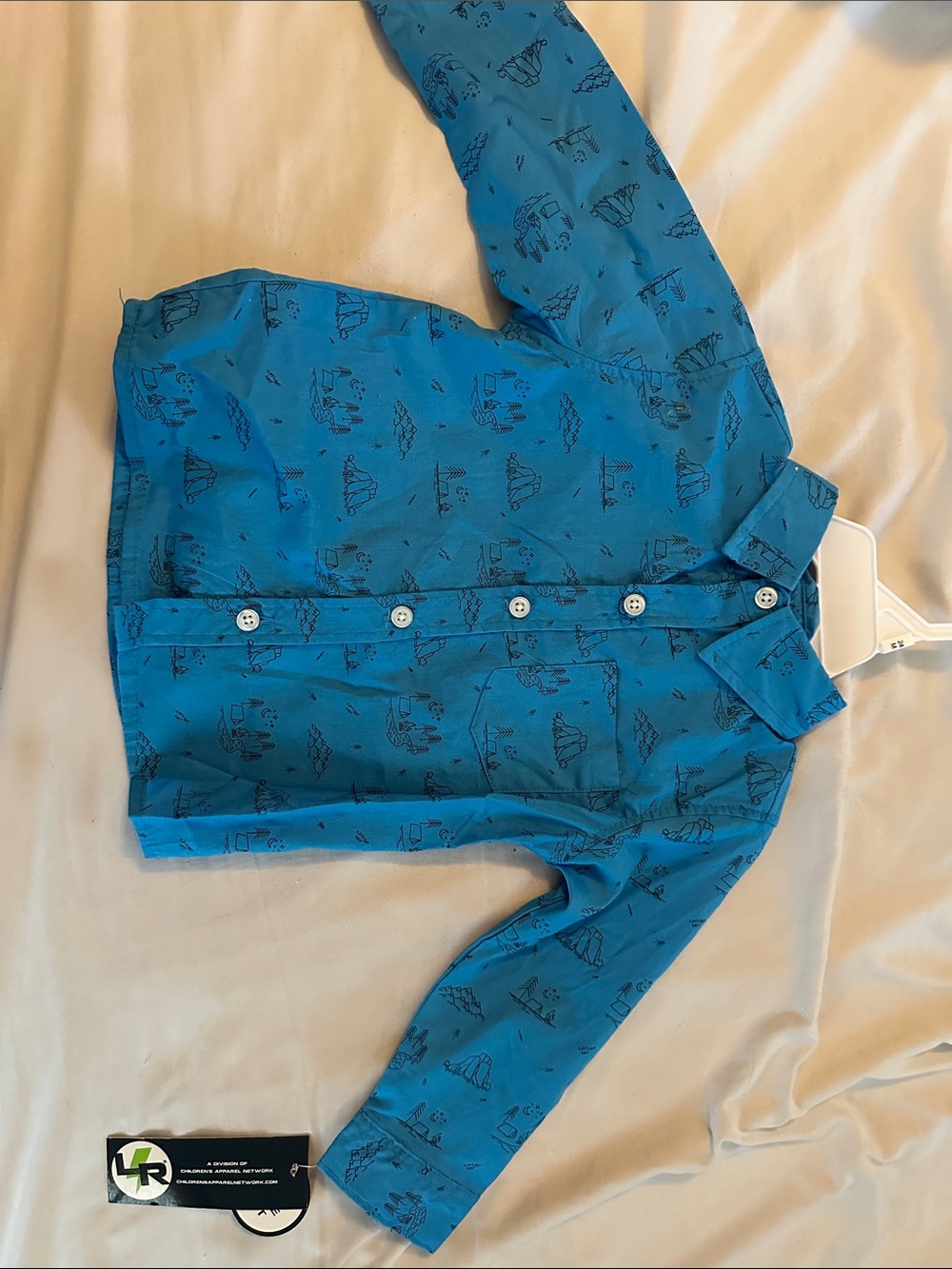 Boys Teal Blue Button-Up Shirt with Nautical Print